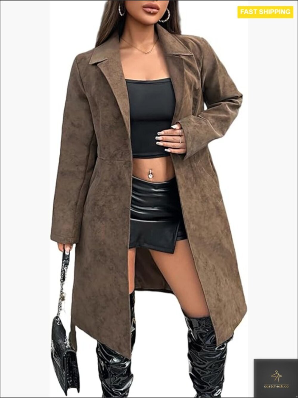 Long Suede Trench Coat Classic Lapel Belted Elegant Oversized Outerwear
